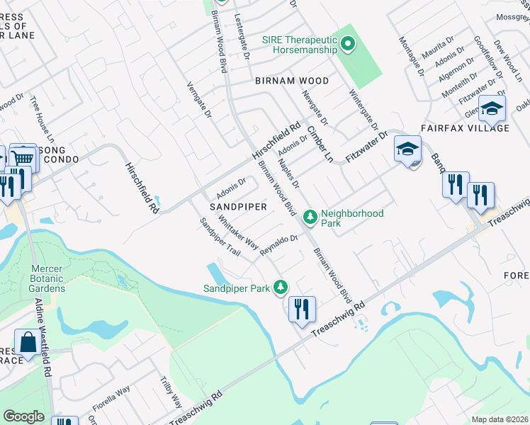 map of restaurants, bars, coffee shops, grocery stores, and more near 4111 Fitzwater Drive in Spring