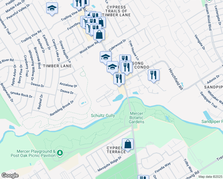 map of restaurants, bars, coffee shops, grocery stores, and more near 2730 Hirschfield Road in Spring