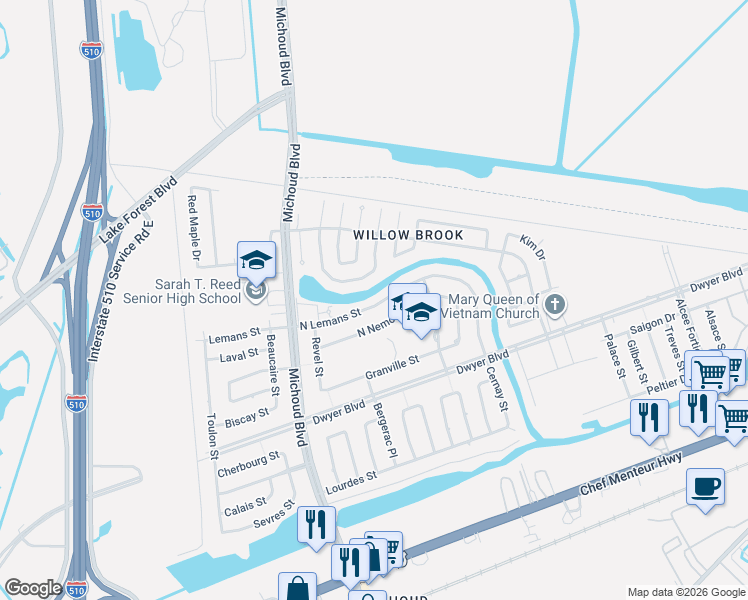 map of restaurants, bars, coffee shops, grocery stores, and more near 5444 Grand Bayou Drive in New Orleans