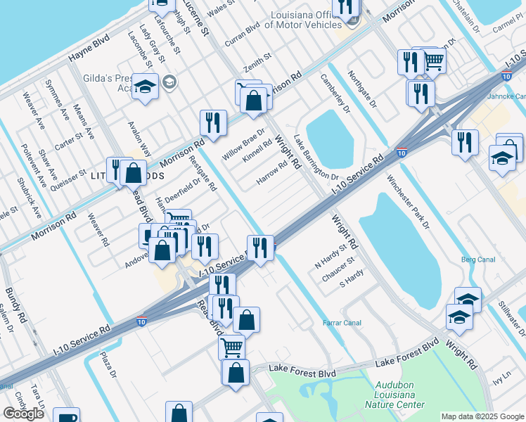 map of restaurants, bars, coffee shops, grocery stores, and more near 10831 Roger Drive in New Orleans