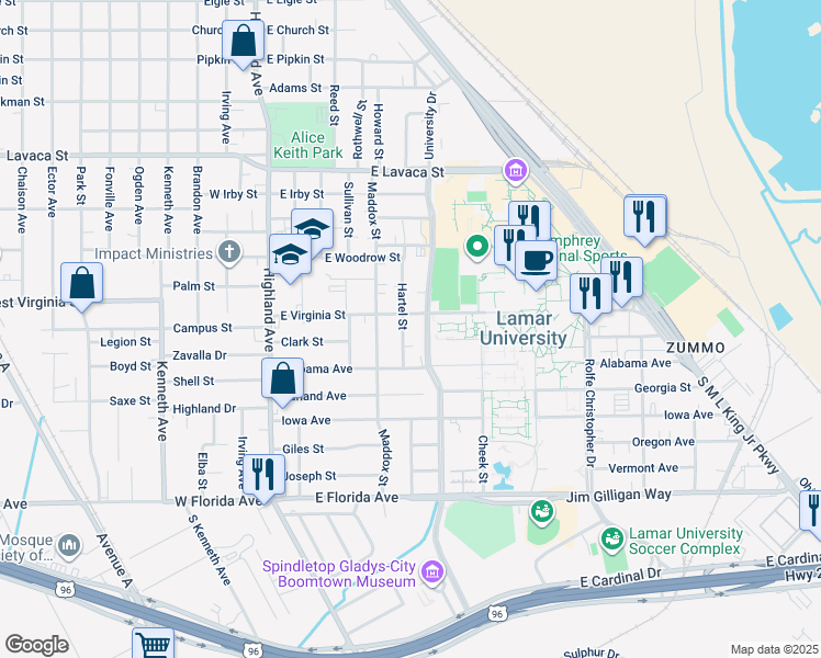 map of restaurants, bars, coffee shops, grocery stores, and more near 605 East Virginia Avenue in Beaumont
