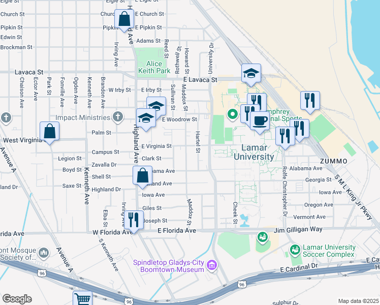 map of restaurants, bars, coffee shops, grocery stores, and more near 4610 Maddox Street in Beaumont