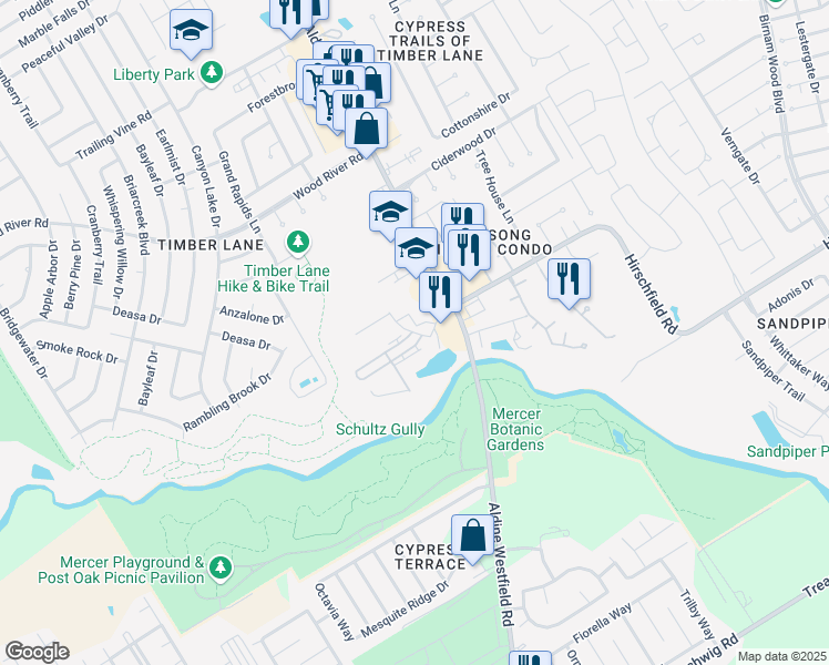 map of restaurants, bars, coffee shops, grocery stores, and more near 2800 Hirschfield Road in Spring