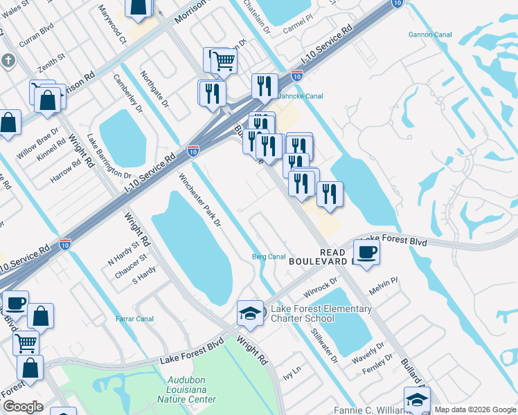 map of restaurants, bars, coffee shops, grocery stores, and more near 5867 Louis Prima Drive East in New Orleans