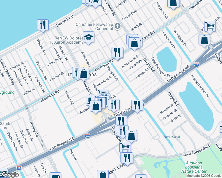 map of restaurants, bars, coffee shops, grocery stores, and more near 10300 Chevy Chase Drive in New Orleans