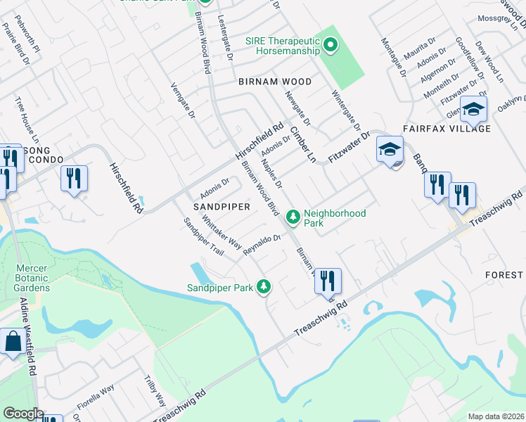 map of restaurants, bars, coffee shops, grocery stores, and more near 23203 Birnam Wood Boulevard in Spring