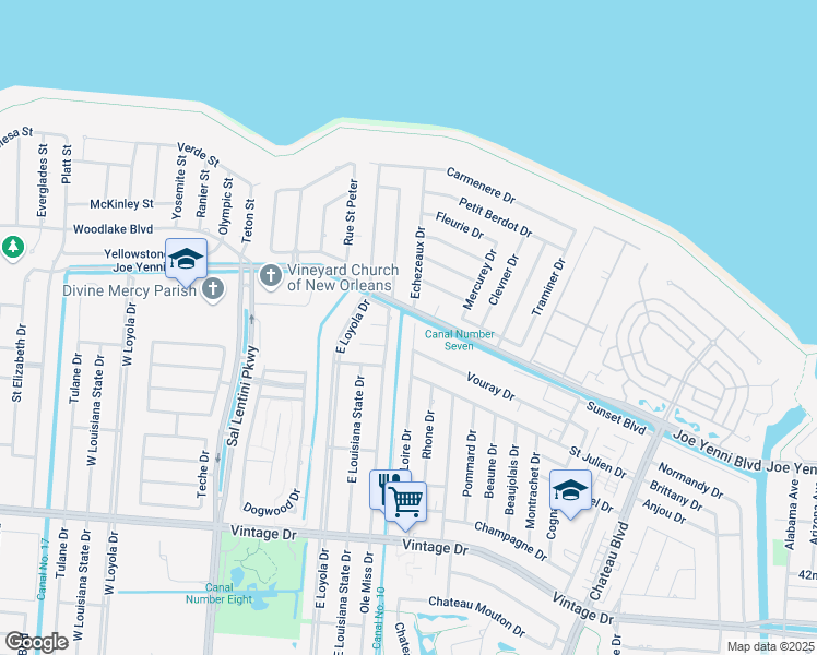 map of restaurants, bars, coffee shops, grocery stores, and more near 4341 Loire Drive in Kenner