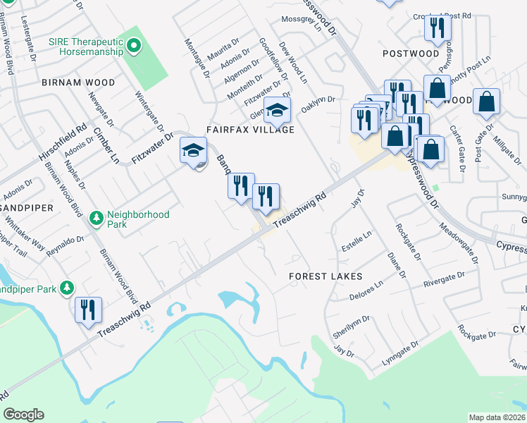 map of restaurants, bars, coffee shops, grocery stores, and more near 22810 West Fairfax Village Circle in Spring