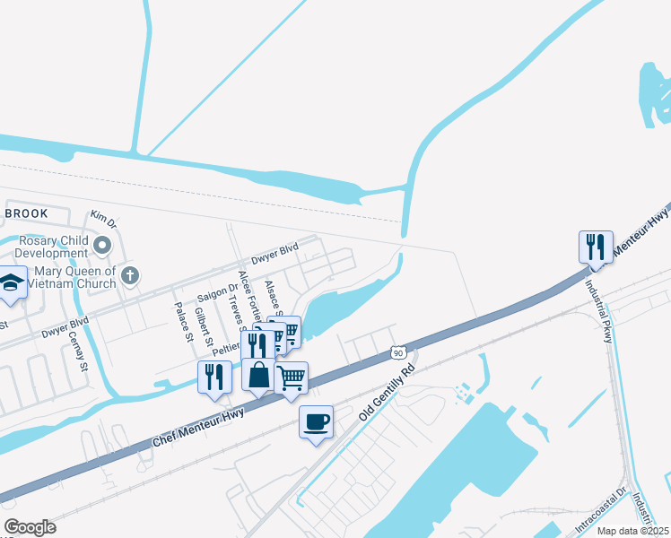 map of restaurants, bars, coffee shops, grocery stores, and more near 14550 Peltier Street in New Orleans