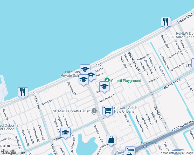 map of restaurants, bars, coffee shops, grocery stores, and more near 8541 Bill Street in New Orleans