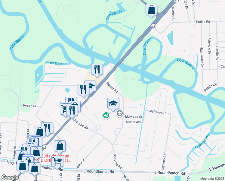 map of restaurants, bars, coffee shops, grocery stores, and more near 200 Bower Road in Bridge City