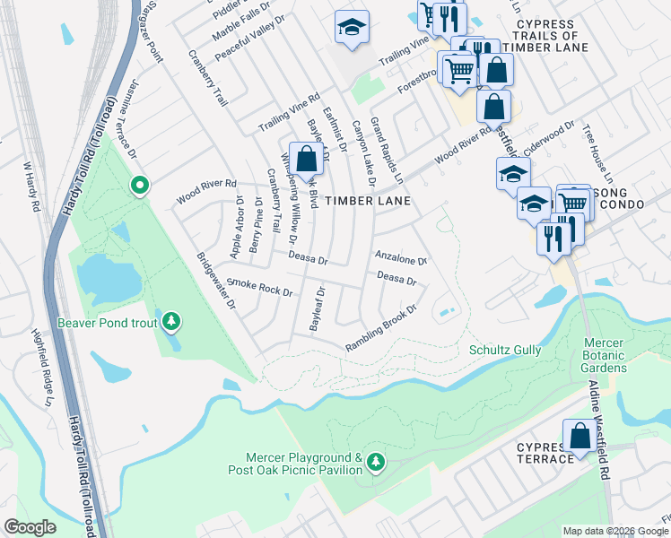 map of restaurants, bars, coffee shops, grocery stores, and more near 23002 Bayleaf Drive in Spring