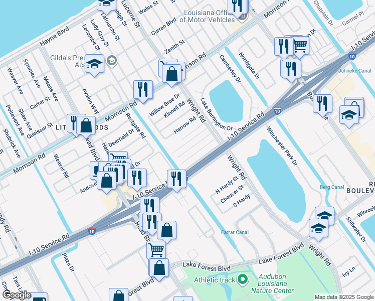 map of restaurants, bars, coffee shops, grocery stores, and more near 10831 Roger Drive in New Orleans