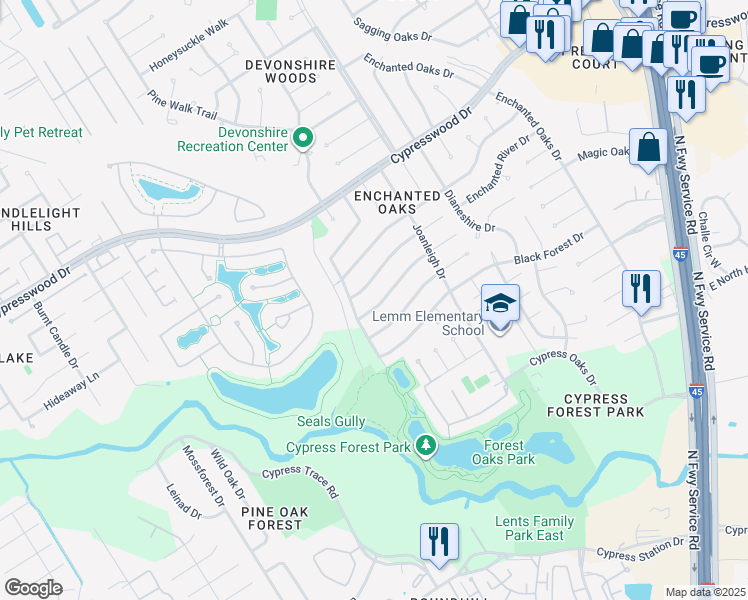 map of restaurants, bars, coffee shops, grocery stores, and more near 719 Enchanted River Drive in Spring