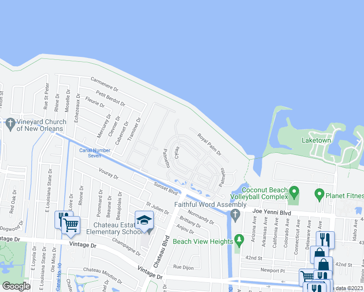 map of restaurants, bars, coffee shops, grocery stores, and more near 6 Cycas in Kenner