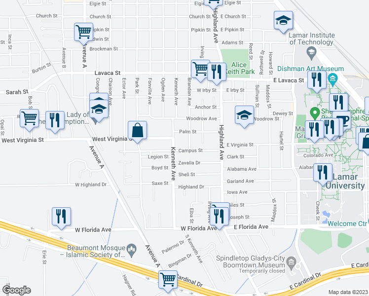 map of restaurants, bars, coffee shops, grocery stores, and more near 708 Campus Avenue in Beaumont