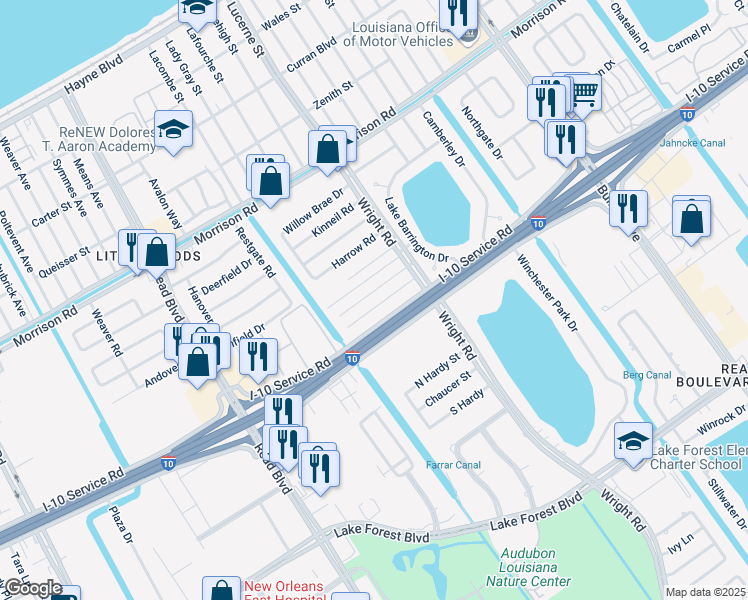 map of restaurants, bars, coffee shops, grocery stores, and more near 1100 Roger Drive in New Orleans