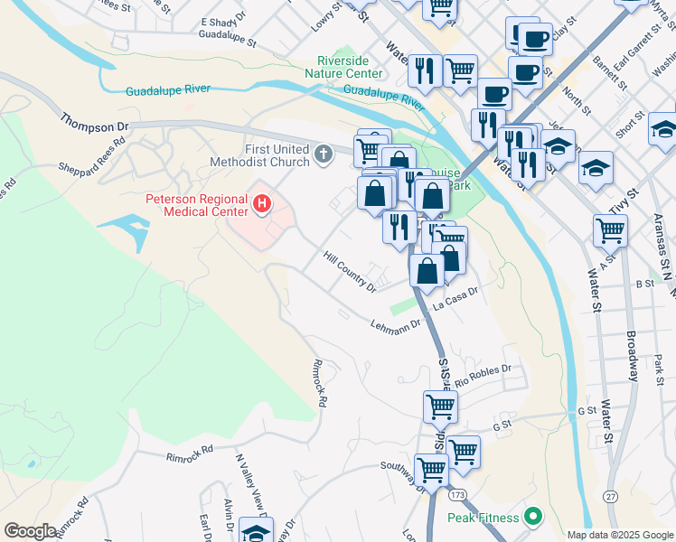 map of restaurants, bars, coffee shops, grocery stores, and more near 708 Hill Country Drive in Kerrville