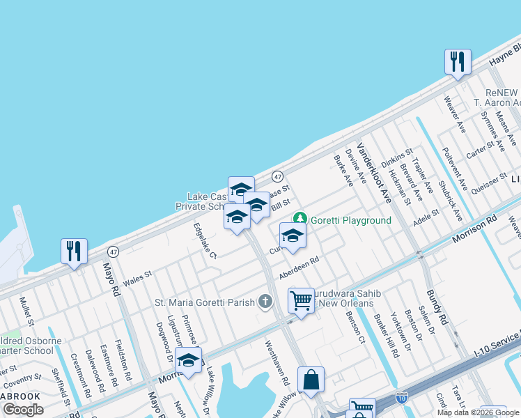 map of restaurants, bars, coffee shops, grocery stores, and more near 8036 Gus Street in New Orleans