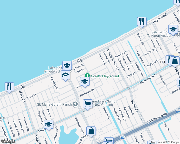 map of restaurants, bars, coffee shops, grocery stores, and more near 8701 Dinkins Street in New Orleans