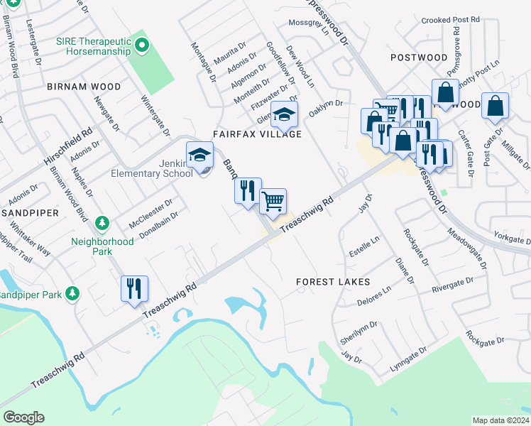 map of restaurants, bars, coffee shops, grocery stores, and more near 22807 West Fairfax Village Circle in Spring