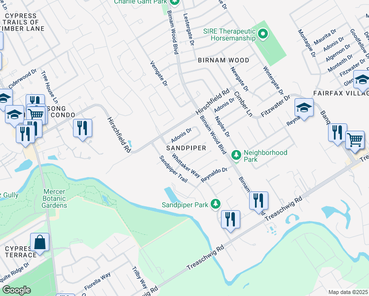 map of restaurants, bars, coffee shops, grocery stores, and more near 4003 Algernon Drive in Spring