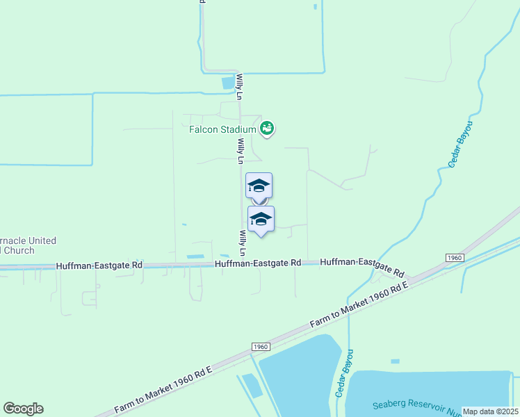 map of restaurants, bars, coffee shops, grocery stores, and more near 25400 Willy Lane in Huffman