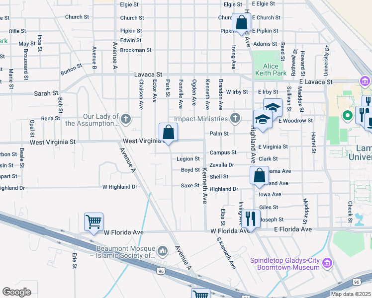 map of restaurants, bars, coffee shops, grocery stores, and more near 807 West Virginia Street in Beaumont