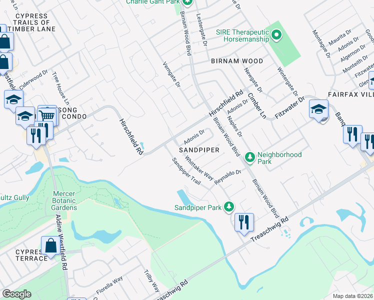 map of restaurants, bars, coffee shops, grocery stores, and more near 4003 Algernon Drive in Spring