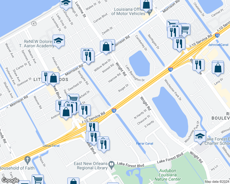 map of restaurants, bars, coffee shops, grocery stores, and more near 10831 Roger Drive in New Orleans