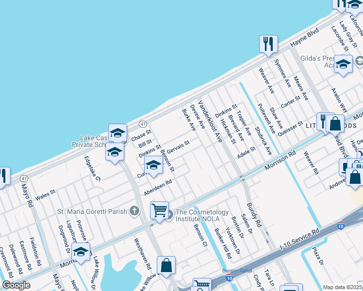 map of restaurants, bars, coffee shops, grocery stores, and more near 8822 Dinkins Street in New Orleans