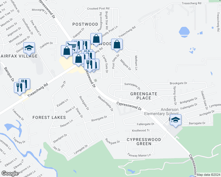 map of restaurants, bars, coffee shops, grocery stores, and more near 22518 Sleepygate Drive in Spring