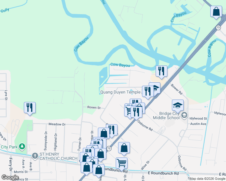 map of restaurants, bars, coffee shops, grocery stores, and more near 2495 Granger Drive in Bridge City
