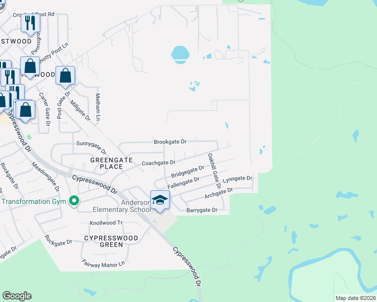 map of restaurants, bars, coffee shops, grocery stores, and more near 22511 Arborgate Drive in Spring