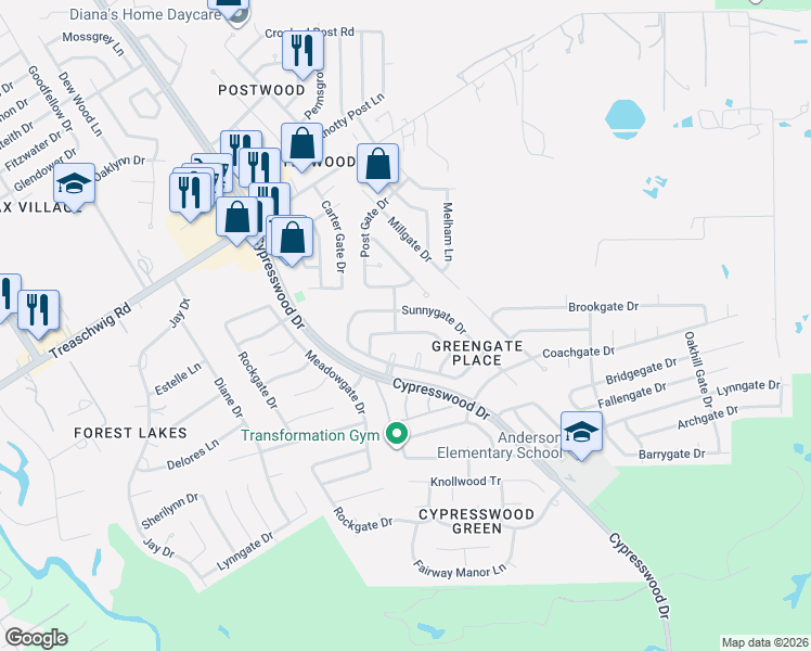 map of restaurants, bars, coffee shops, grocery stores, and more near 5818 Sunnygate Drive in Spring