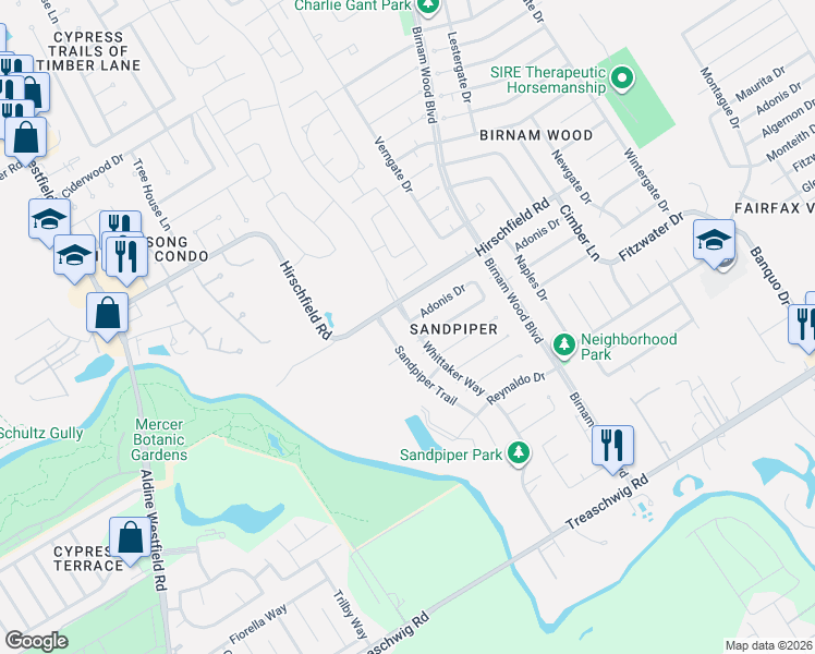 map of restaurants, bars, coffee shops, grocery stores, and more near 3903 Adonis Drive in Spring