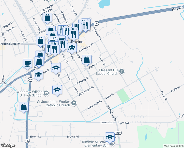 map of restaurants, bars, coffee shops, grocery stores, and more near 511 South Winfree Street in Dayton