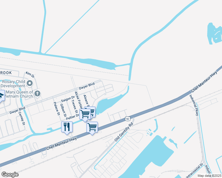 map of restaurants, bars, coffee shops, grocery stores, and more near 14550 Peltier Street in New Orleans