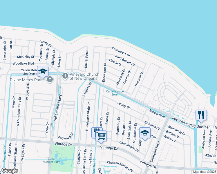 map of restaurants, bars, coffee shops, grocery stores, and more near 10 Chalet Court in Kenner