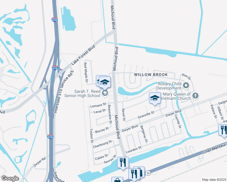 map of restaurants, bars, coffee shops, grocery stores, and more near 5316 Michoud Boulevard in New Orleans