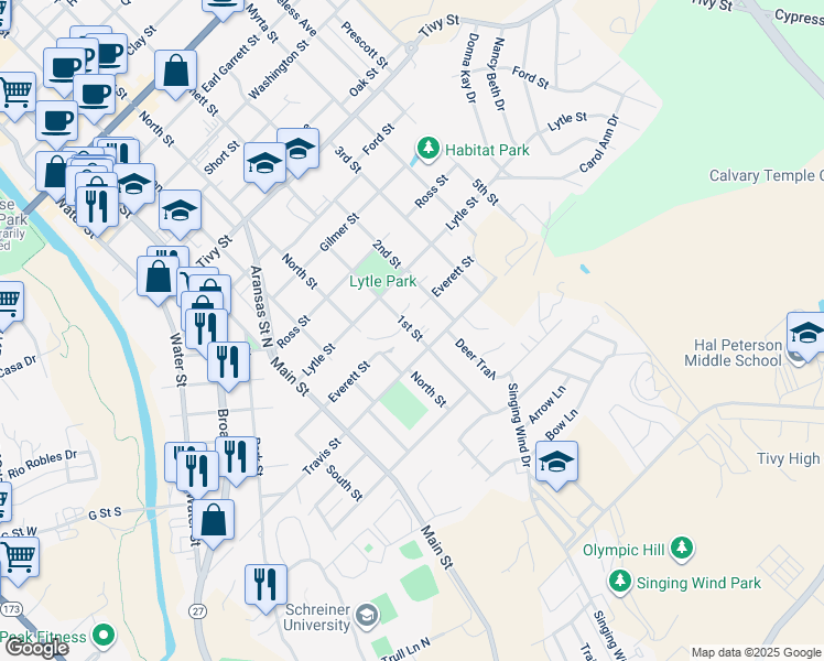 map of restaurants, bars, coffee shops, grocery stores, and more near 1491 1st Street in Kerrville