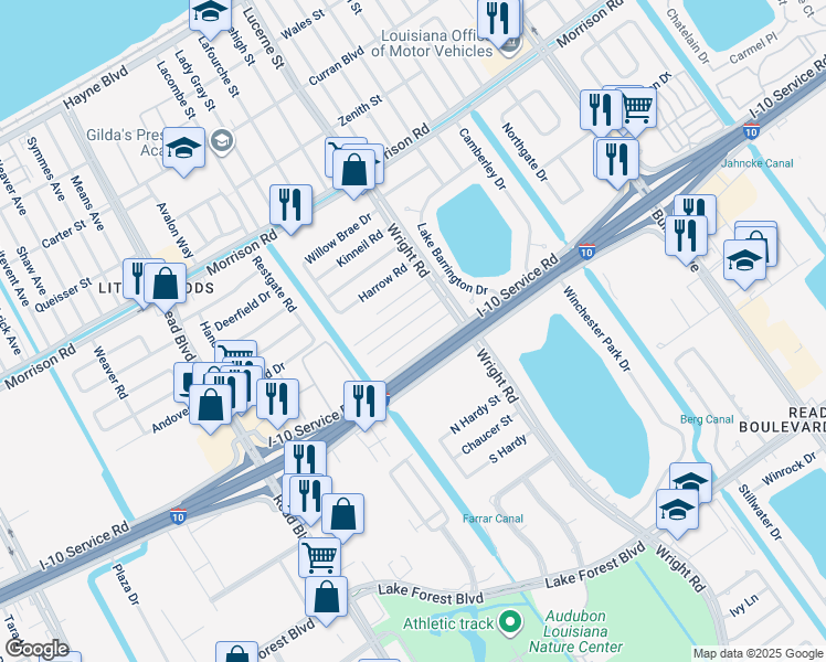 map of restaurants, bars, coffee shops, grocery stores, and more near 1100 Roger Drive in New Orleans