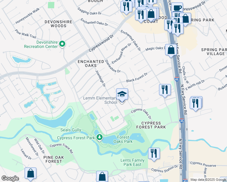 map of restaurants, bars, coffee shops, grocery stores, and more near 19111 Craigchester Lane in Spring