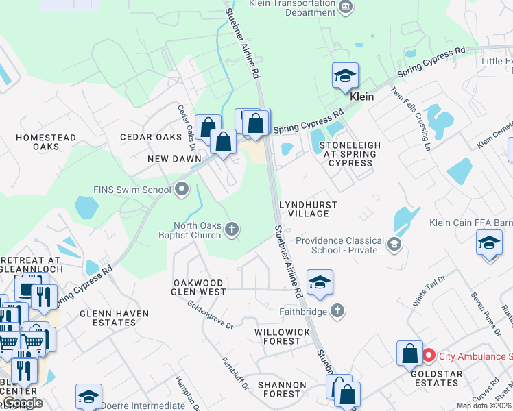 map of restaurants, bars, coffee shops, grocery stores, and more near 7625 Spring Cypress Road in Spring