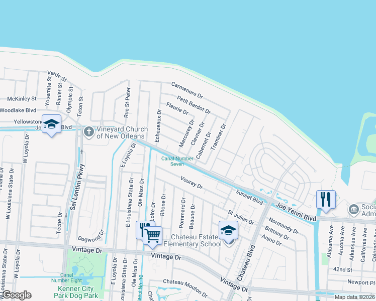 map of restaurants, bars, coffee shops, grocery stores, and more near 5 Clevner Drive in Kenner