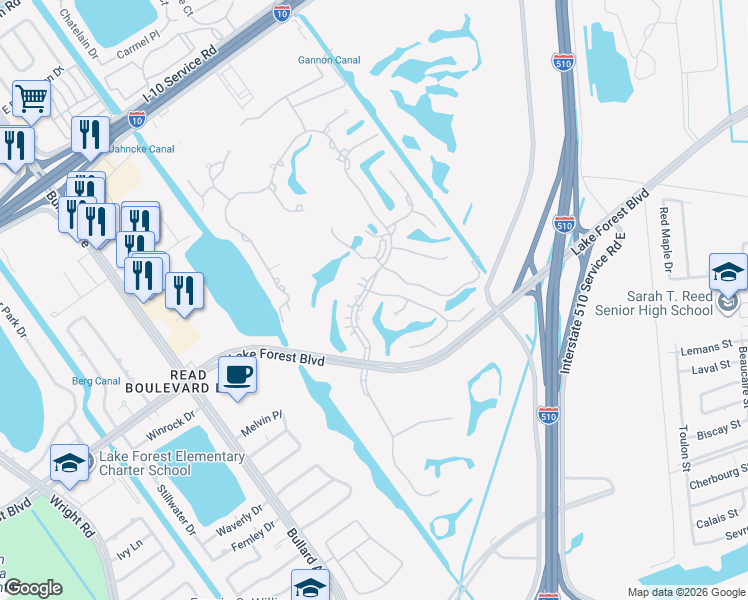 map of restaurants, bars, coffee shops, grocery stores, and more near 5770 Eastover Drive in New Orleans
