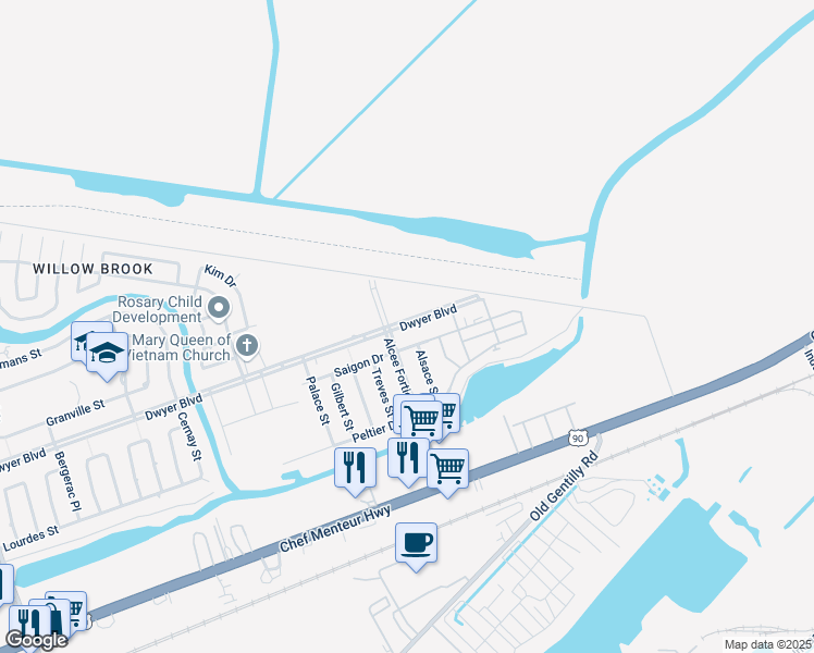 map of restaurants, bars, coffee shops, grocery stores, and more near 14430 Dwyer Boulevard in New Orleans