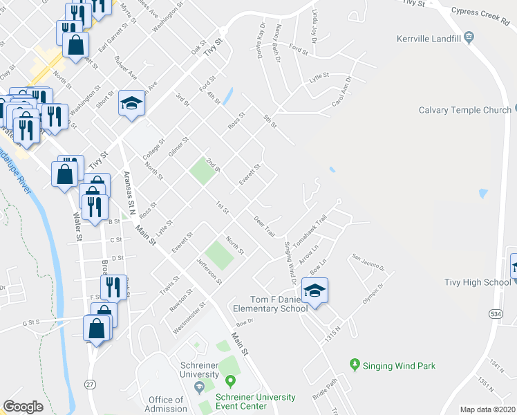 map of restaurants, bars, coffee shops, grocery stores, and more near 1607 Woodside Drive in Kerrville