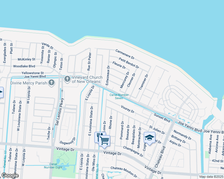 map of restaurants, bars, coffee shops, grocery stores, and more near 10 Chalet Court in Kenner