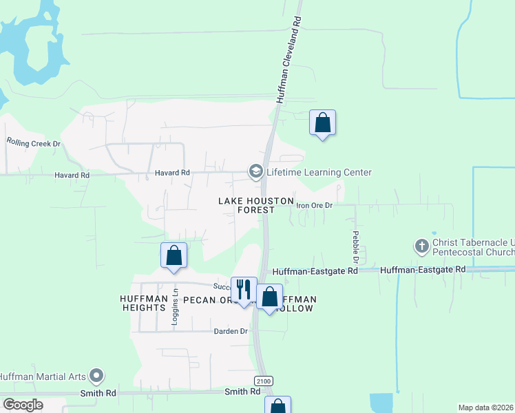 map of restaurants, bars, coffee shops, grocery stores, and more near 24919 Farm to Market 2100 in Huffman